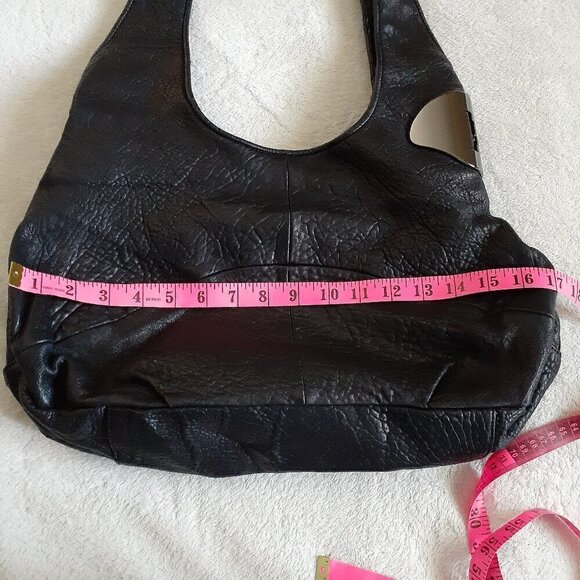 Halston Heritage Women's Black Pebbled Leather Metal Hinge Monogram Hobo Purse - Picture 14 of 15